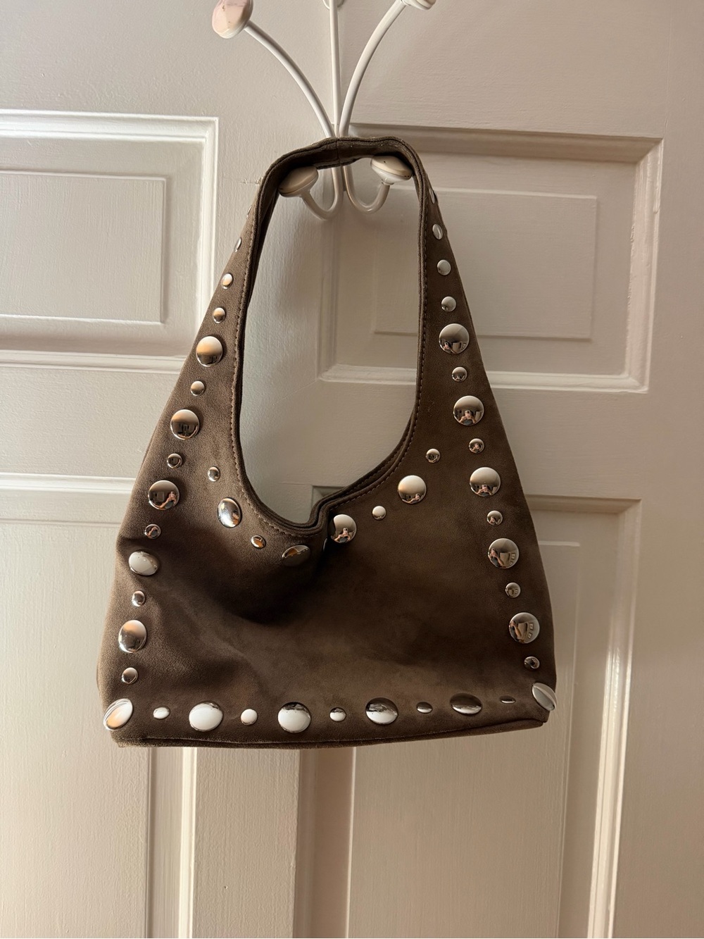 Pull&Bear Stud-Accent Brown Suede Hobo Bag